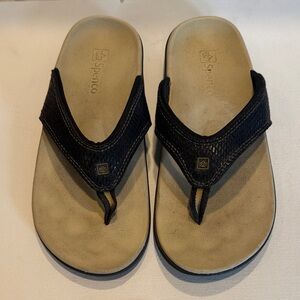 Spenco Black Strap Flip Flop Sandals with Beige Footbed